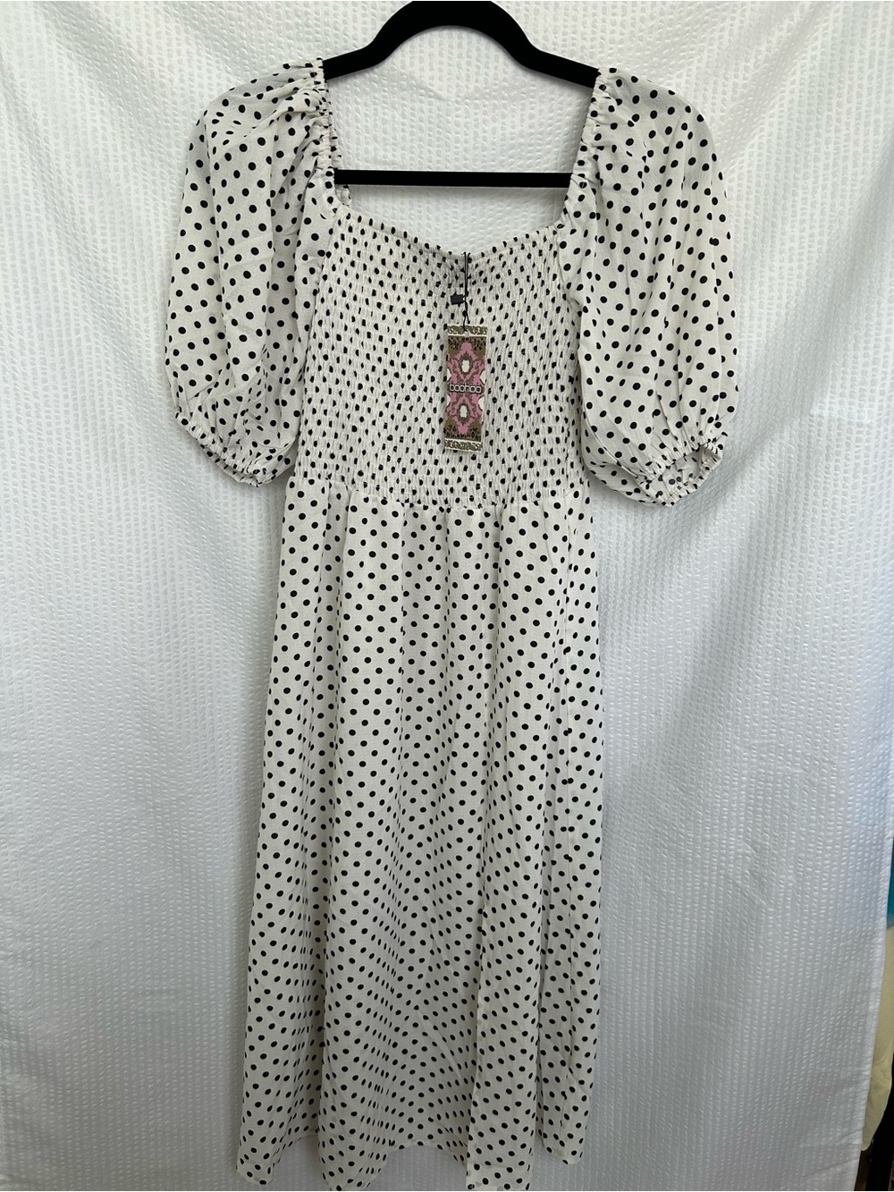 NWT Boohoo ASOS White & Black Polka Dot Puffed Sleeve Smocked Midi Dress US 4